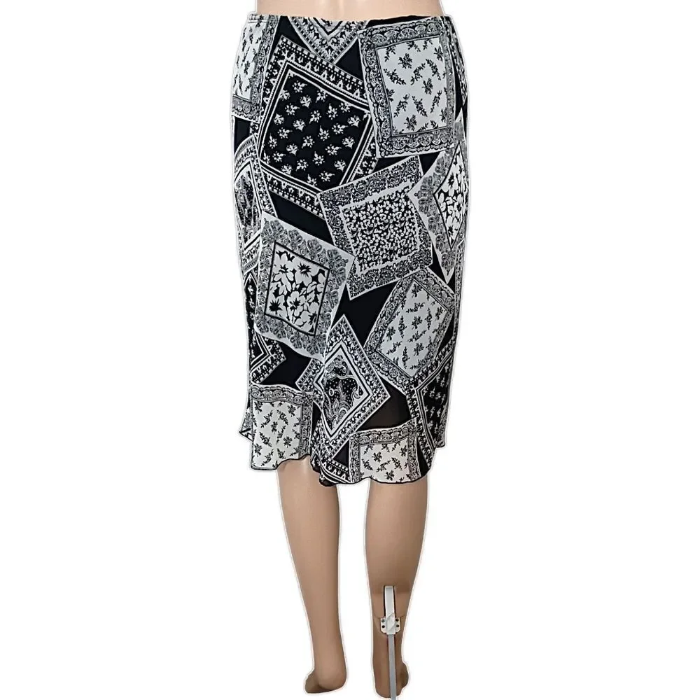 Y2K Patchwork Print Midi Skirt Sz S Sheer Overlay Lettuce Hem‎ Bohemian Grunge